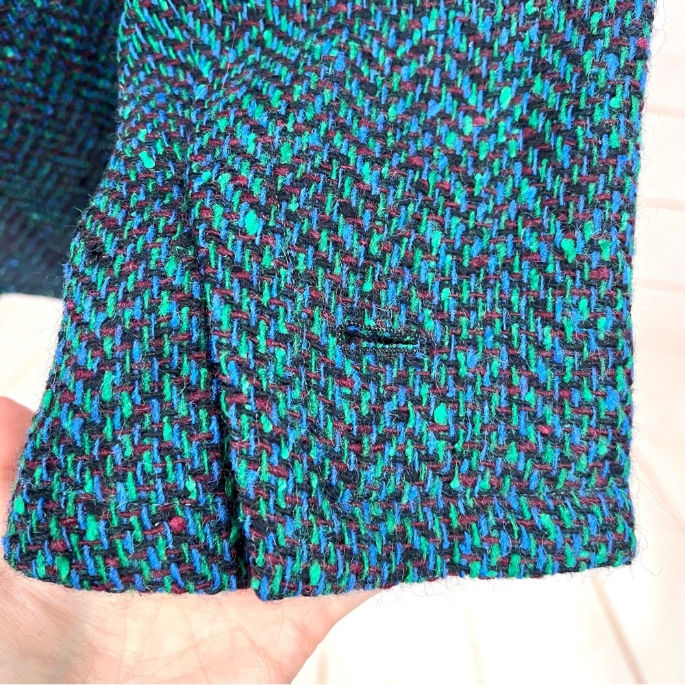 Vintage 80s 90s Saint Laurent Rive Gauche Teal Confetti Tweed Herringbone Blazer - Picture 8 of 11